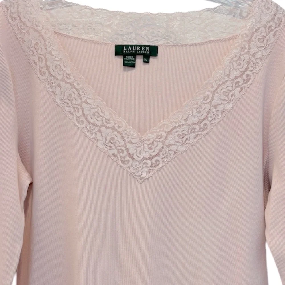 Lauren Ralph Lauren Lace Top Long Sleeve VNeck Ribbed Cottage Rose Pink Women XL